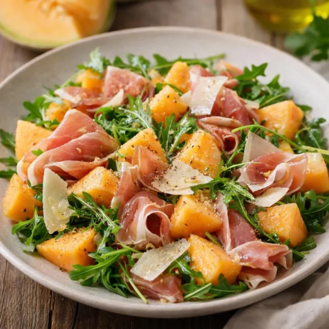 Salade de melon, roquette, parmesan et jambon de Parme