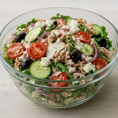 Salade minceur au thon, concombre, tomates cerises et feta (sauce yaourt citronnée)