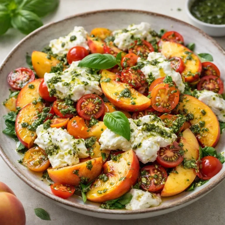 Salade de pêches burrata tomates cerises pesto