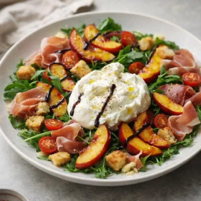 Salade de pêches rôties à la burrata et jambon cru