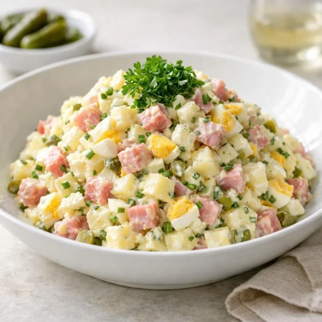 Salade piémontaise classique aux pommes de terre, jambon et œufs durs
