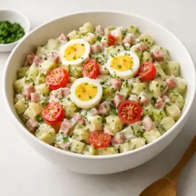 Salade de pommes de terre aux cornichons, lardons et œufs durs (style “bavarois”)