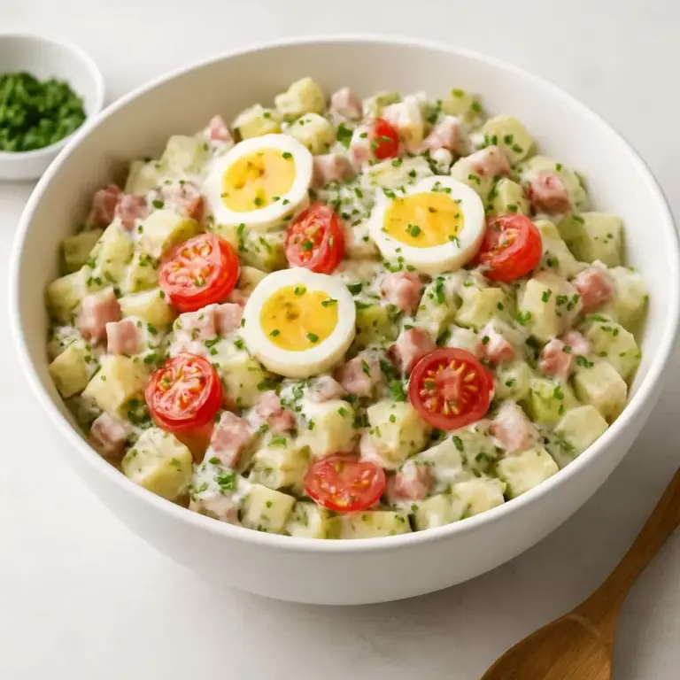 Salade de pommes de terre aux cornichons, lardons et œufs durs (style “bavarois”)