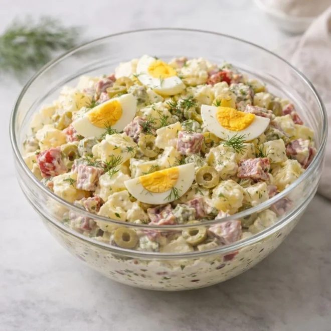 Salade de pommes de terre aux œufs durs, lardons et olives