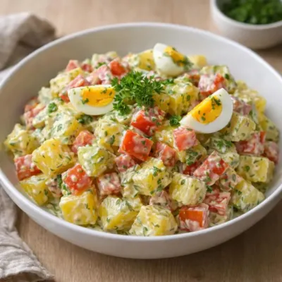 Salade de pommes de terre aux œufs mollets : herbes & crème