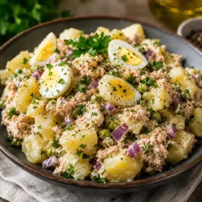 Salade tiède de pommes de terre aux œufs durs, thon et petits pois