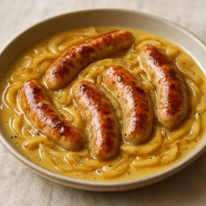 Saucisses à la moutarde et oignons fondants à la poêle (recette facile et gourmande)