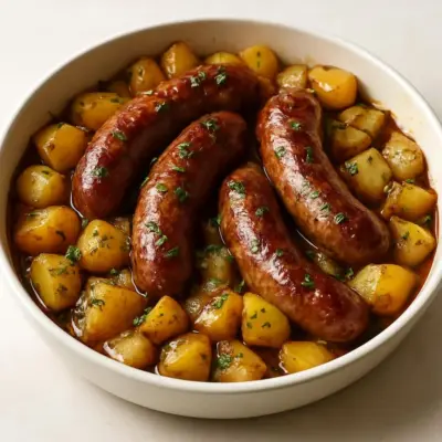 Saucisses de Toulouse aux pommes de terre rôties, jus au persil