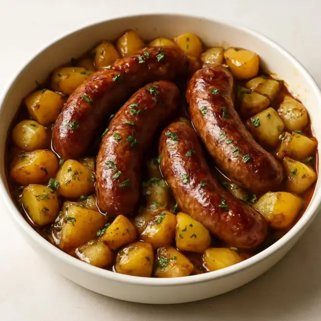 Saucisses de Toulouse aux pommes de terre rôties, jus au persil