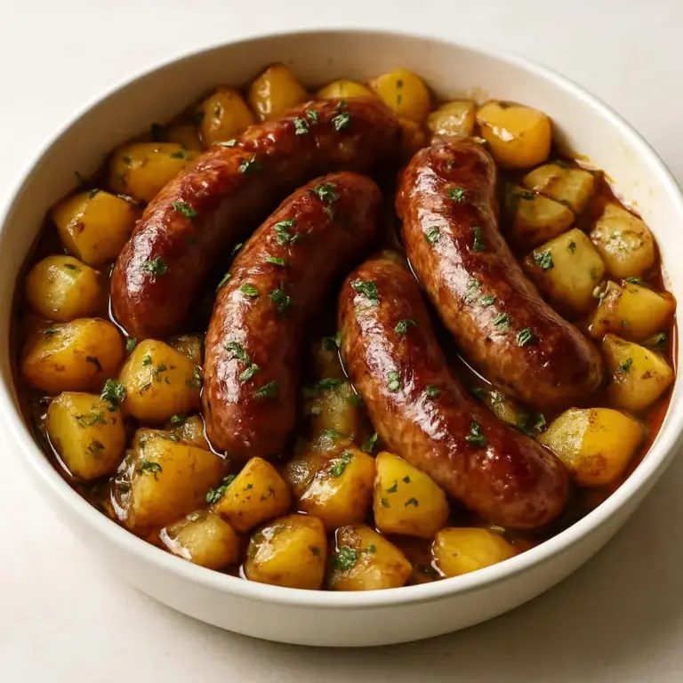 Saucisses de Toulouse aux pommes de terre rôties, jus au persil