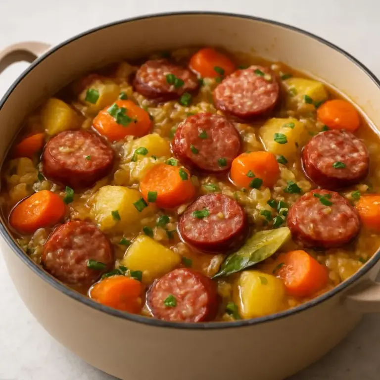 Saucisses fumées et légumes mijotés (choucroute, pommes de terre et carottes)