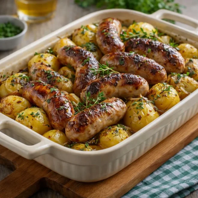 Saucisses et pommes de terre au four, herbes & doré