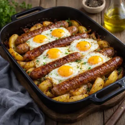 Saucisses aux pommes de terre et œufs au plat