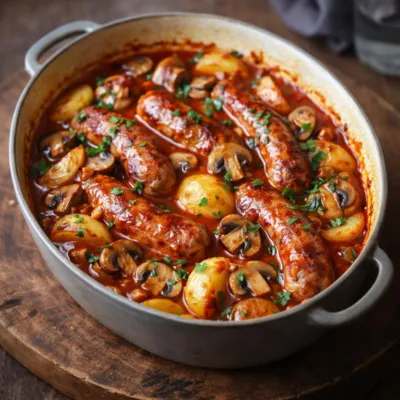 Saucisses champignons pommes de terre au four : plat