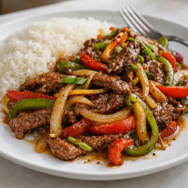 Sauté de bœuf aux poivrons, oignons et sauce poivrée (style wok)