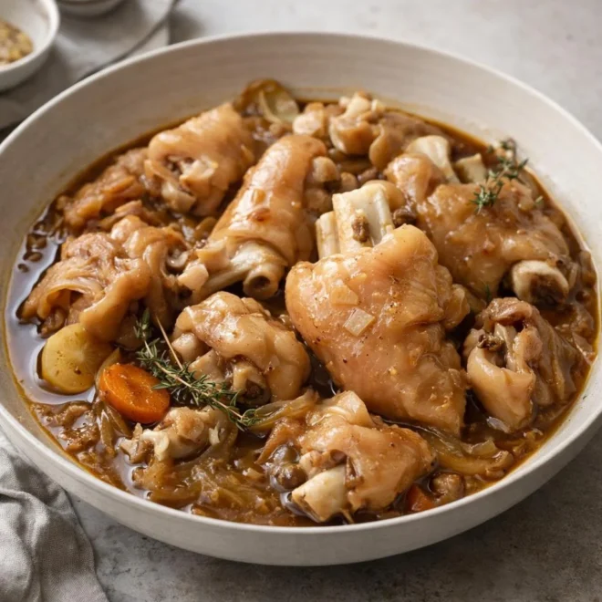 Sauté de pieds de porc aux oignons, ail et vin blanc (tendre et mijoté)