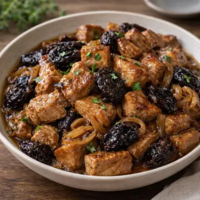 Sauté de porc aux pruneaux : fondant & sauce au vin