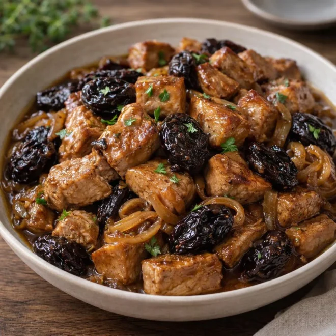 Sauté de porc aux pruneaux, sauce épicée au vin et oignons caramélisés