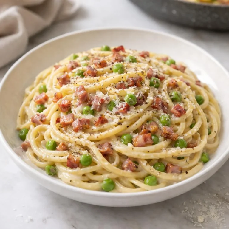 Spaghetti à la crème, lardons et petits pois