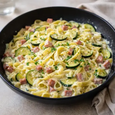 Recette tagliatelles à la crème courgettes lardons