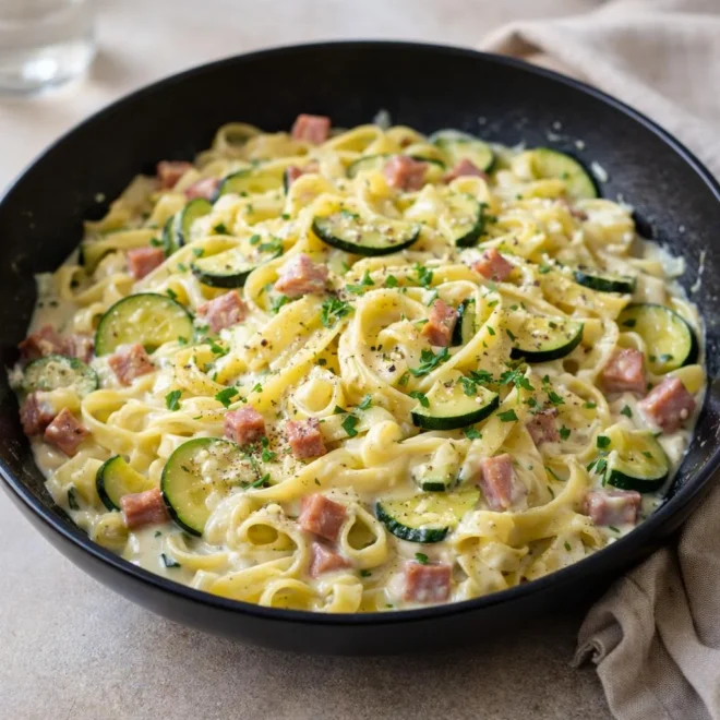 Tagliatelles à la crème, courgettes et lardons (style carbonara crémeuse)