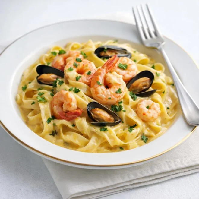 Tagliatelles aux fruits de mer crémeuses au safran