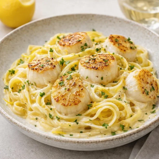 Tagliatelles aux noix de Saint-Jacques, crème au citron