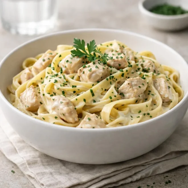 Tagliatelles au poulet, sauce au fromage ail et fines herbes