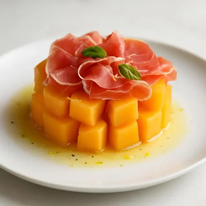 Tartare de melon au jambon de Parme, vinaigrette citron-miel