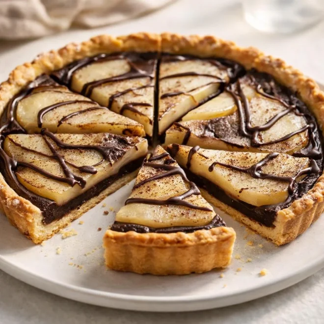 Tarte chocolat-poires simplifiée sur pâte légère