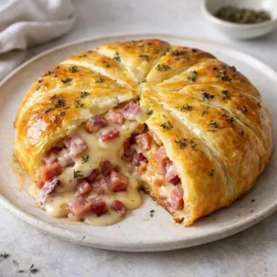 Tarte feuilletée camembert lardons au four : cœur coulant