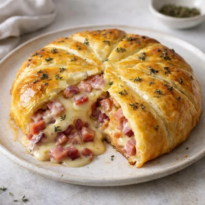 Tarte feuilletée Camembert & lardons au four, cœur coulant