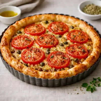 Tarte feuilletée comté tomates : moutarde, origan, oignon
