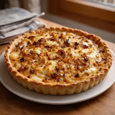Tarte aux oignons pommes lardons camembert au four