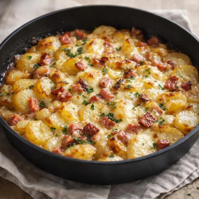Tartiflette gourmande à la poêle (pommes de terre, lardons et reblochon fondant)