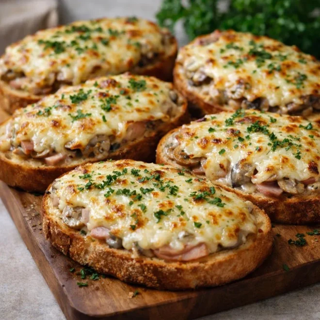 Tartines gratinées au jambon et aux champignons