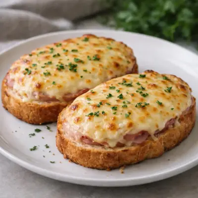 Tartines gratinées au jambon blanc et fromage, sauce au beurre et moutarde