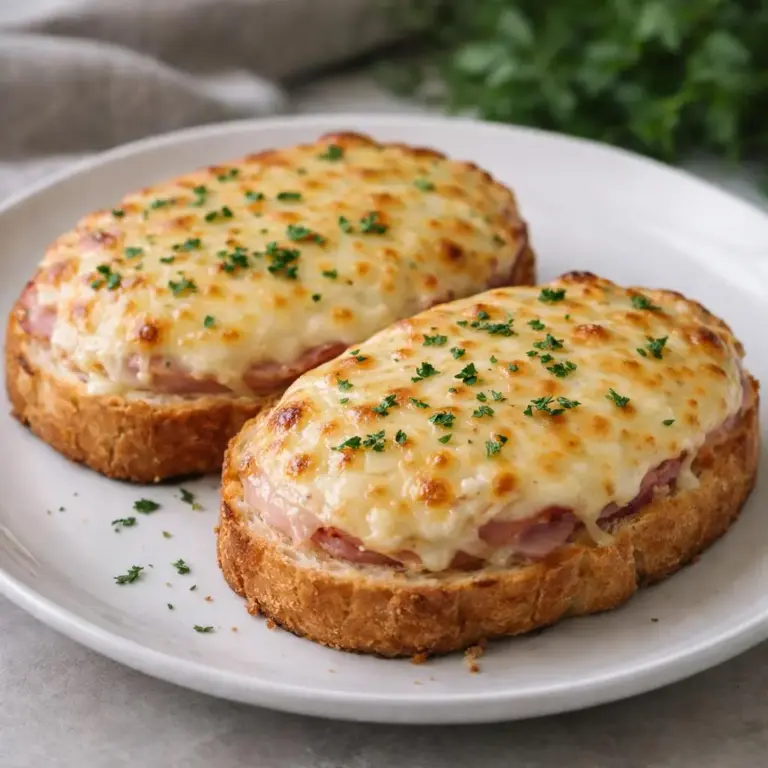 Tartines gratinées au jambon blanc et fromage, sauce au beurre et moutarde