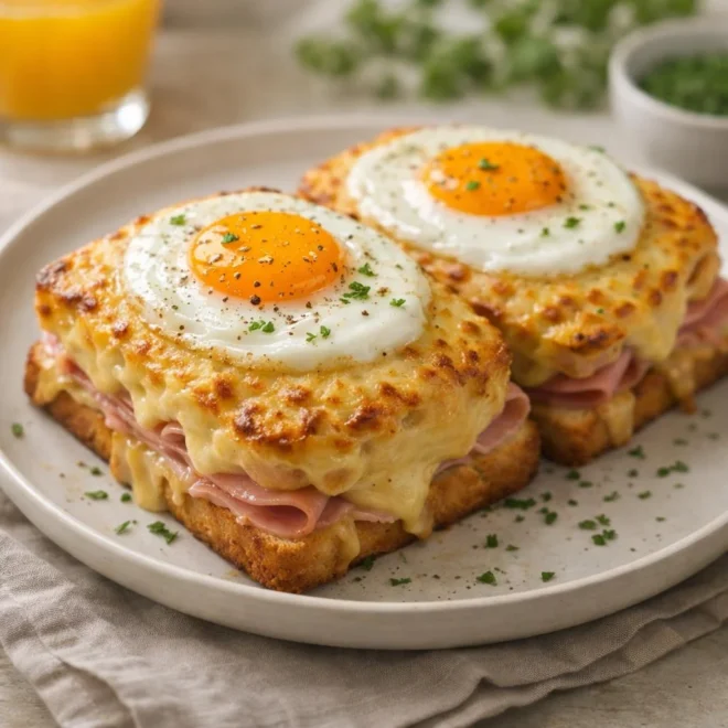Tartines jambon fromage gratinées avec œuf au plat
