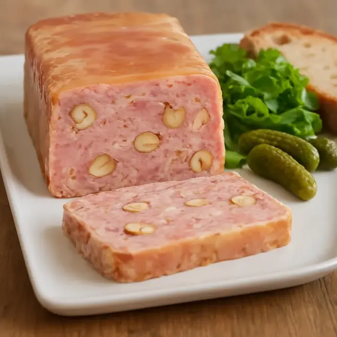 Terrine de porc aux noisettes, gelée maison légère et pistaches d’olives