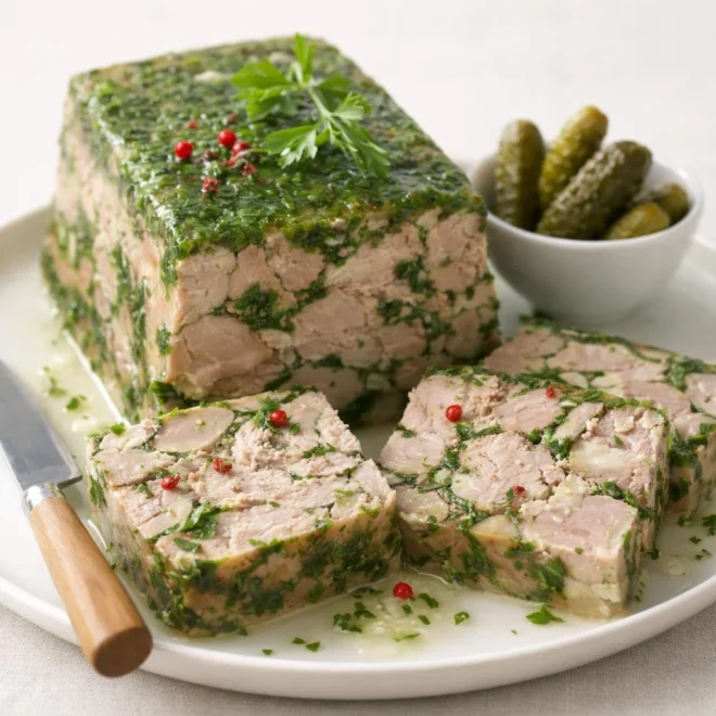 Terrine froide de porc au vin blanc et au persil, gelée aromatique