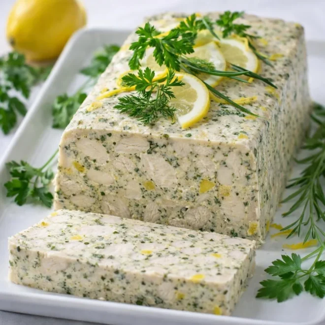 Terrine froide de poulet aux herbes et citron (sans cuisson, au bain-marie ou en cocotte)