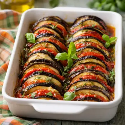 Tian de légumes du soleil confits au four (aubergine, courgette, poivron) au basilic