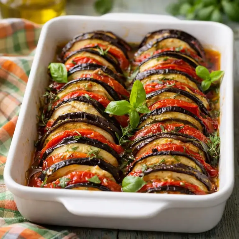 Tian de légumes du soleil confits au four (aubergine, courgette, poivron) au basilic