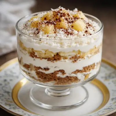 Tiramisu aux ananas, noix de coco et biscuits imbibés au rhum