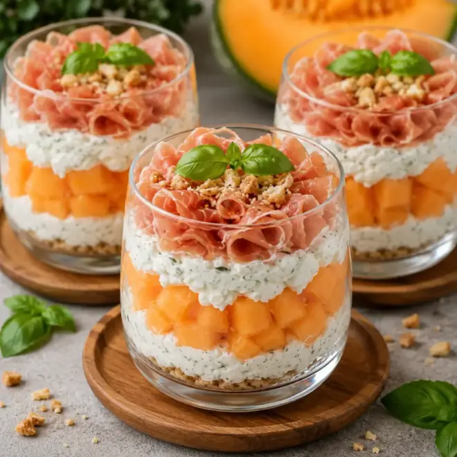 Tiramisu estival au melon, jambon cru et fromage frais