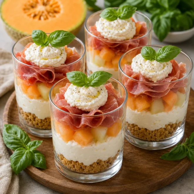 Tiramisu salé melon jambon sec fromage frais