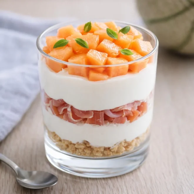 Tiramisu melon jambon cru fromage frais en verrines