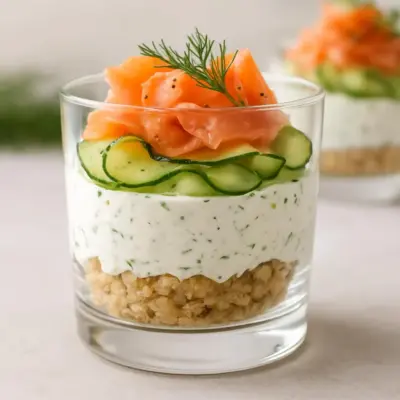 Tiramisu salé aux courgettes et saumon fumé (crackers, ricotta, aneth)