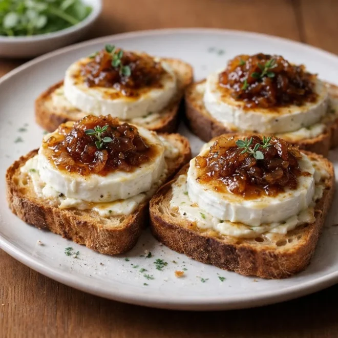Toasts croustillants au chèvre chaud et oignons caramélisés